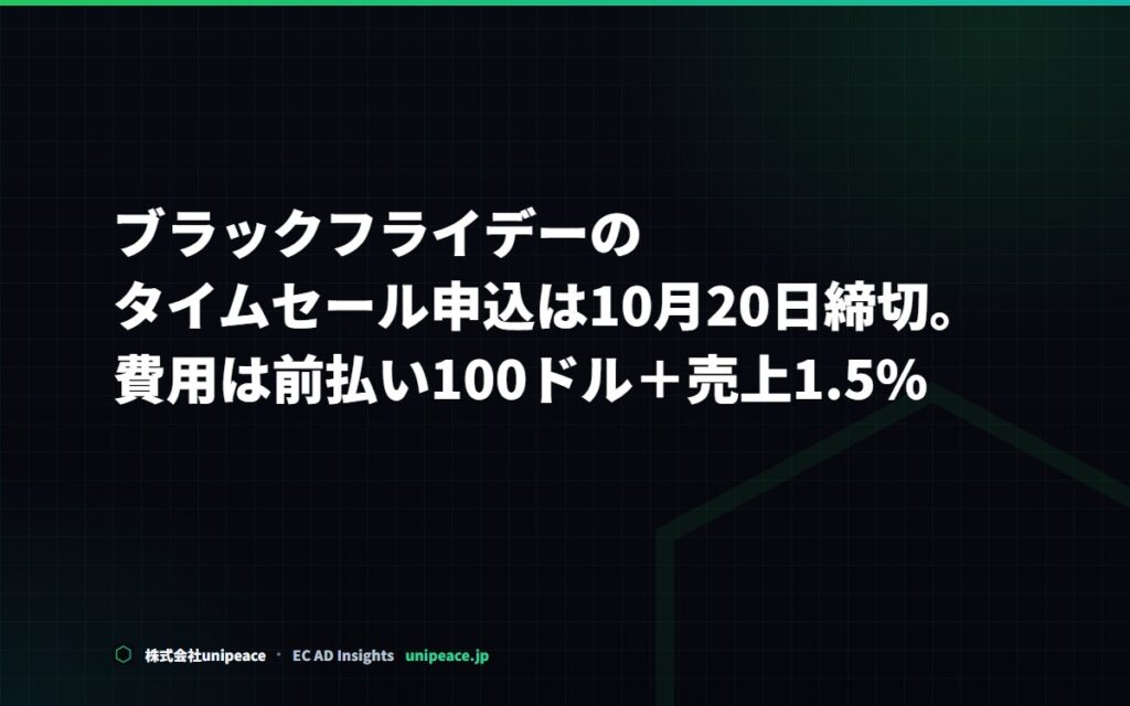 ブラックフライデーのタイムセール申込は10月20日締切。費用は前払い100ドル＋売上1.5%